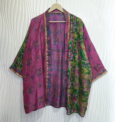 Jaqueta cardigã curta de seda pura quimono espanador capa roupão solto roxo KMS3713 - Imagem 1 de 4