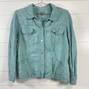 J. Jill Jacket Womens XL Petite Green 100% Linen Snap Front Utility Pockets - Picture 1 of 12