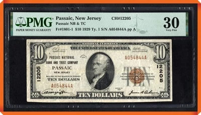 KC- Fr.1801-1 1929 $10 NB Passaic , New Jersey #12205 -VF 30 PMG - Image 1 of 3