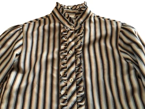 Koret Women's 1980's Ruffle Neck Polyester Brown Stripe Blouse Top Size Small - Picture 1 of 5