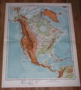 1930 PHYSICAL MAP OF NORTH AMERICA ROCKIES UNITED STATES CANADA GREENLAND