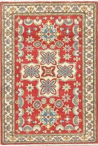 One-of-a-kind Geometric RED Super Kazak Oriental Area Rug Hand-made Wool 3'x5' - Picture 1 of 12