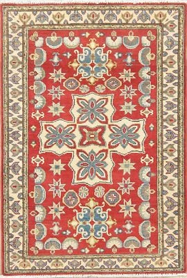 One-of-a-kind Geometric RED Super Kazak Oriental Area Rug Hand-made Wool 3'x5' - Image 1 of 4