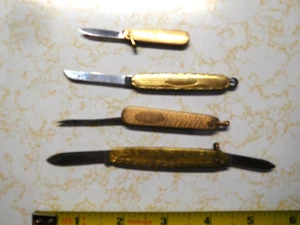 4 Antique Brass Folding Knives with Lanyard Rings ~ Fruit Knives Knife - Picture 1 of 6