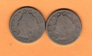2-1883 Liberty Nickels. 2 nickel Readable & weak CENT Liberty Nickels! - Picture 1 of 4