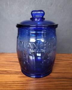 Vintage Cobalt Blue Planters Peanuts Jar With Lid, RARE Barrel Design, 11" Tall - Picture 1 of 13