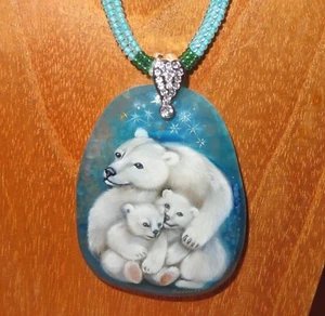Pendant White Polar BEAR baby Cubs hand painted STONE Gorbachova beaded necklace - Picture 1 of 13