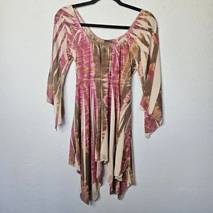 Vtg Rave Top Womens Medium Flowy Asymmetrical Fairy Y2K Babydoll Shirt Pink Tan - Picture 1 of 10