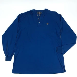 USA Gant Men Henley Large L Shirt Button Long Sleeve Cotton Blue Embroidered - Picture 1 of 11