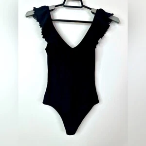 Aritizia Wilfred Top Body Suit Women's Small Ruffle Low Back Ribbed Black - Picture 1 of 7