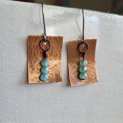 Unique Boho Handmade Copper Earrings Dangle Titanium Hooks 1.75" Turquoise beads - Image 1 of 4