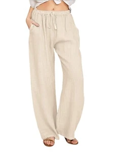 Women's Cotton Linen Pants Summer Drawstring Waist Wide Leg Lounge Loose Trouser - Picture 1 of 8
