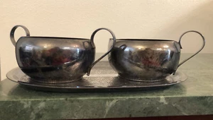 Silver Plate on Cooper - Creamer and Sugar Bowl on Tray (3-piece) - Picture 1 of 10