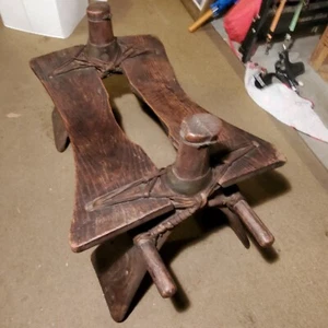 UNIQUE VINTAGE EGYPTIAN CAMEL SADDLE STAND FOOT STOOL SOLID WOOD LEATHER STRAPS - Picture 1 of 12