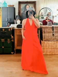 New Red Halter Backless Maxi Dress White Stitch Pockets - Picture 1 of 2