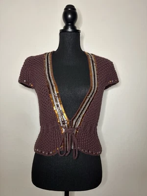 Cárdigan Y2K Bebe Marrón Lentejuelas Borde Tejido Corbata Frontal Para Mujer Talla M De Colección Años 2000 Foto 1 de 4