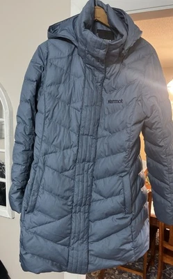Marmot Jacket Womens L Blue 700 Fill Duck Down Hooded Varma Insulated Long Coat - Image 1 of 4