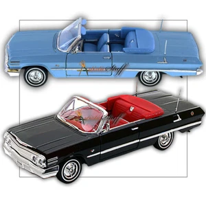 TWO WELLY 1963 CHEVROLET IMPALA CONVERTIBLE BLUE - BLACK 1/24 DIECAST MODEL CAR - Picture 1 of 2