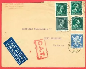 Belgium 5 stamp used on cover to USA Boxed OAT Censor 1945 - Picture 1 of 1