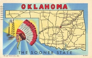 Oklahoma Postcard Map Large Letter Oil Well Chief Sooner State PM 1950 E3 - Picture 1 of 2