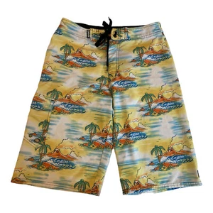 Univibe Boys Sz 16 XL Board Shorts Blue Yellow Orange Beach Island Volcano Swim - Picture 1 of 6