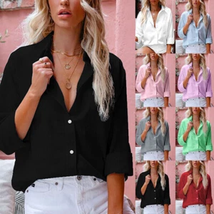 Womens Long Sleeve Linen Shirt Ladies Casual Baggy Button-up Plain Blouse Tops - Picture 1 of 34