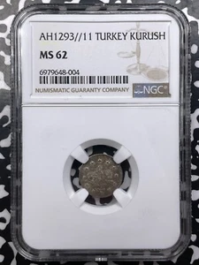 AH 1293 Year 11 (1886) Turkey 1 Kurus NGC MS62 Lot#G9080 Silver! Nice UNC! - Picture 1 of 3