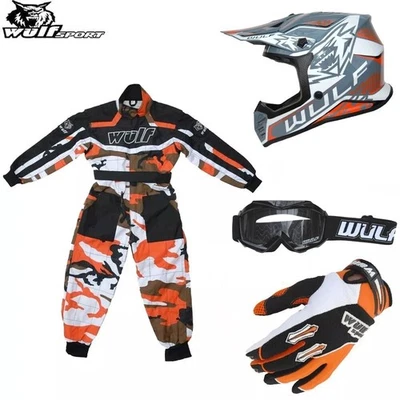 Wulfsport Kids AIR-X OFF ROAD Motocross Helmet Gloves Goggle Suit - Orange Camo