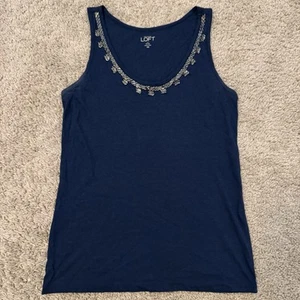 Ann Taylor Loft Sleeveless Tank Top Women's XSP Petite Embellished Collar Blue - Picture 1 of 8