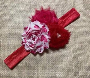 Red Fuchsia Triple Shabby Flower Headband Hearts Valentine's Day - Picture 1 of 1