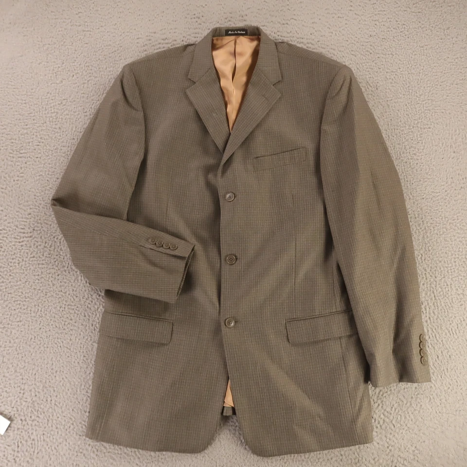 Hopsack Jacket M MT Brown Gray Check 100% Wool Blazer Sport Coat Perry Ellis 42L - Image 1 of 4