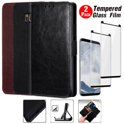 For Samsung Galaxy S8 Plus S8 Case Leather Flip Heavy Duty Cover Tempered Glass - Image 1 of 4