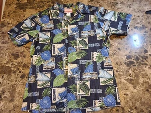 Vintage RJC Mens Size Large Shark/Turtle/Fish Hawaiian Shirt - Picture 1 of 11