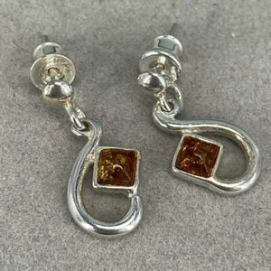 925 sterling silver earrings amber dangle drop unusual retro - Picture 1 of 9