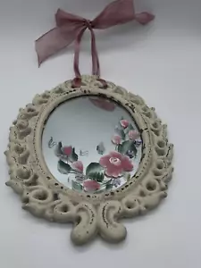 Cast Iron Rustic Victorian Roses Painted on Mirror White Hanging Mirror 9" X 12" - Picture 1 of 5