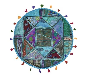 Indian Recycled Fabric Patchwork Round Cushion Cover 30" Turquoise with Tassels - Bild 1 von 4