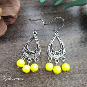Spanish Style Yellow Chandelier Teardrop Dangle Earrings Boho Ethnic Style - Picture 1 of 11
