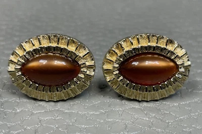 Vintage Brown Lucite Fluted Border Yellow Gold Plated Cuff Links - Image 1 of 3