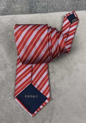 Canali 真丝领带男式红色紫色对角线条纹意大利制造礼服商务 — 第 1/4 张图片
