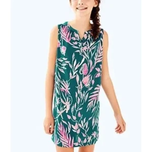 Lilly Pulitzer Essie Girl's Mini Dress Tidal Wave Floral Teal Sleeveless Size XL - Picture 1 of 7
