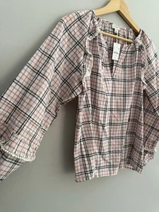 NUEVA J Crew Camiseta Top de Popelina a Cuadros Manga Larga Globo Para Mujer Talla S 100% Algodón - Imagen 1 de 11