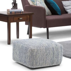 Transitional Square Pouf in Patterned Denim Melange Cotton Blue Geometric Casual - Picture 1 of 4