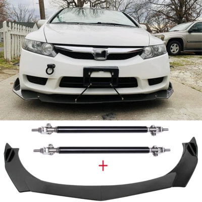Divisor de labios de parachoques delantero de fibra de carbono + varillas de puntal para Honda Civic 2000-2022 Foto 1 de 4