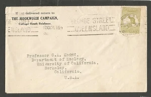 Australia 1921 Kangaroo 3d (The Hookworm Campaign) cover to Zoology UCLA, USA - Picture 1 of 2