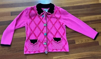 Cárdigan suéter vintage Jack B Quick para mujer talla L botellas de perfume rosa con cuentas Foto 1 de 4