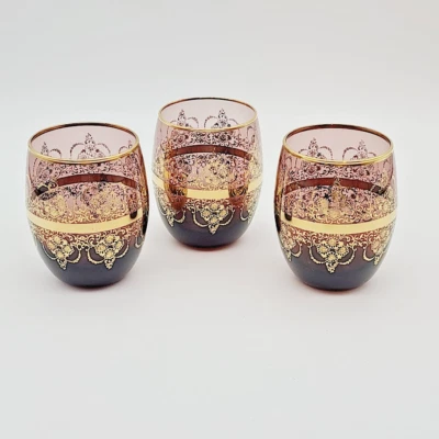 3 copos cordiais boêmios roxos/ametistas/detalhe dourado copos sem haste - Imagem 1 de 4