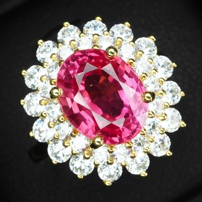 Яркие розовые золотые кольца из серебра 925 пробы с сапфиром Padparadscha 4,25 карата 24 карата - Изображение 1 из 4