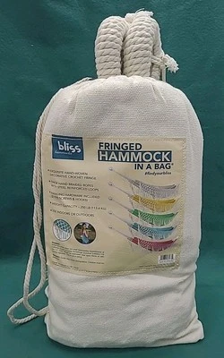 NEW~Boho Fringed Hammock in a Bag by Bliss Hammocks~Hand Woven~250lbs Cap - Image 1 of 4