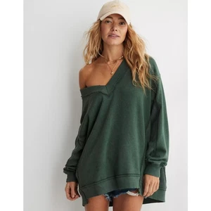 AERIE Vacay Everyday Oversized V-Neck Sweatshirt in Sycamore Green Size M - Picture 1 of 8