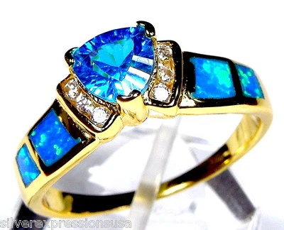 Anel de prata esterlina com incrustação de opala de fogo azul topázio azul Londres ouro amarelo 18k - Imagem 1 de 4